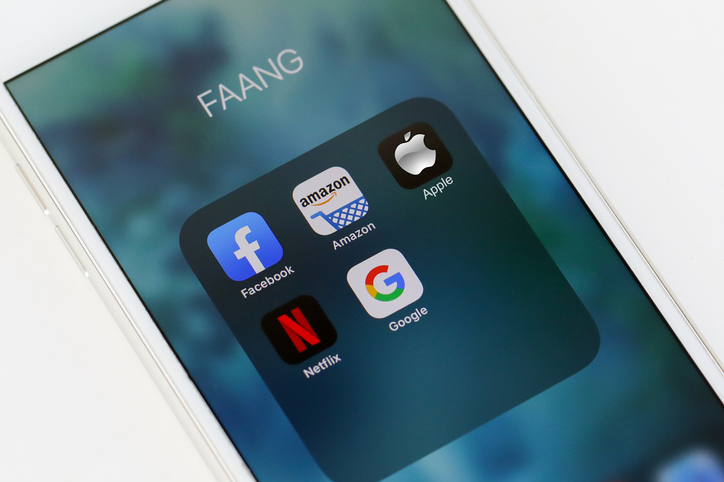 Tel Aviv, ISRAEL - May 28 2020 : FAANG Big Tech icons (Facebook, Amazon, Apple, Netflix & Google). FAANG is an acronym Of the 5 strong stocks in the Nasdaq technology stocks index. High quality photo